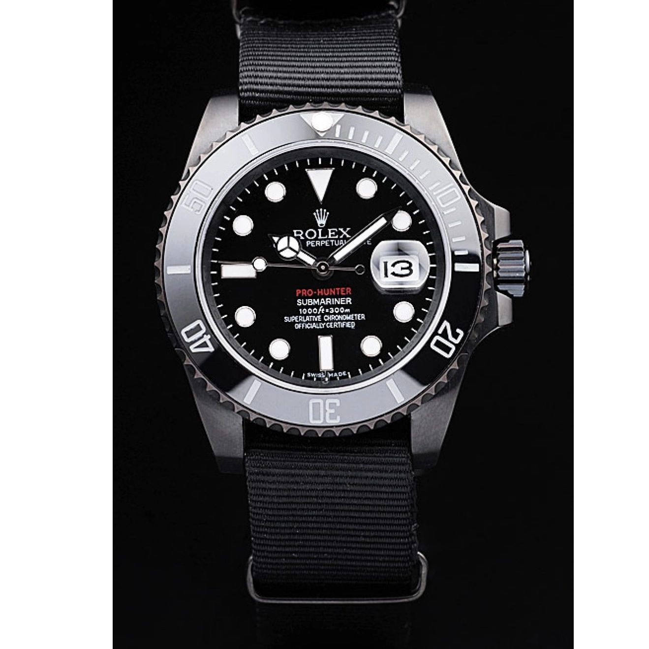 Good copy rolex watches Pro-Hunter Swiss Dial Black Rolex Submariner Black Strap Fabric 0701
